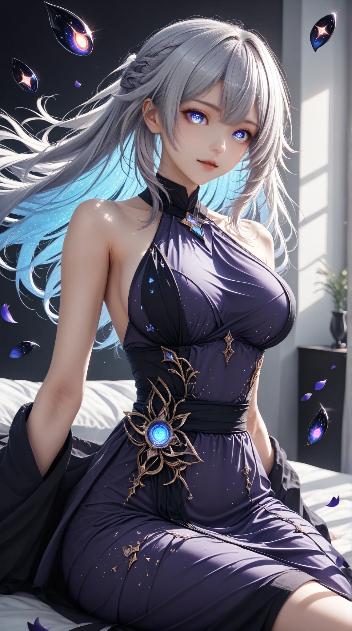 ((dark fantasy)), ((wavy hair, silver hair color, pale skin),(((green aquamarine eyes))), freckles, warm light,( 16 years old),busty,Glamour,Gorgeous,monochromes,erotic posing,Dynamic Posing,Arrange Pose,Dramatic,Cinematic,Detailed background, Dynamic Angle,From the angle of the film,Gothic background, Dark fantastic view,Best Quality,masutepiece,8K,The ultimate detailed dark background, Top image quality、RAW photography、超A high resolution,cropped shoulders, overall look is very erotic、Shot for one person only, model shoot, Large round chest, Beautiful Eyes of Details、Very slender eyes、Beautiful eyelashes、Very slim physique, with blush cheeks,Pearl Beaded Bralet bralette of transparent glass, ((pearl glass top)), ((bra of clear glass)), (nsfw)