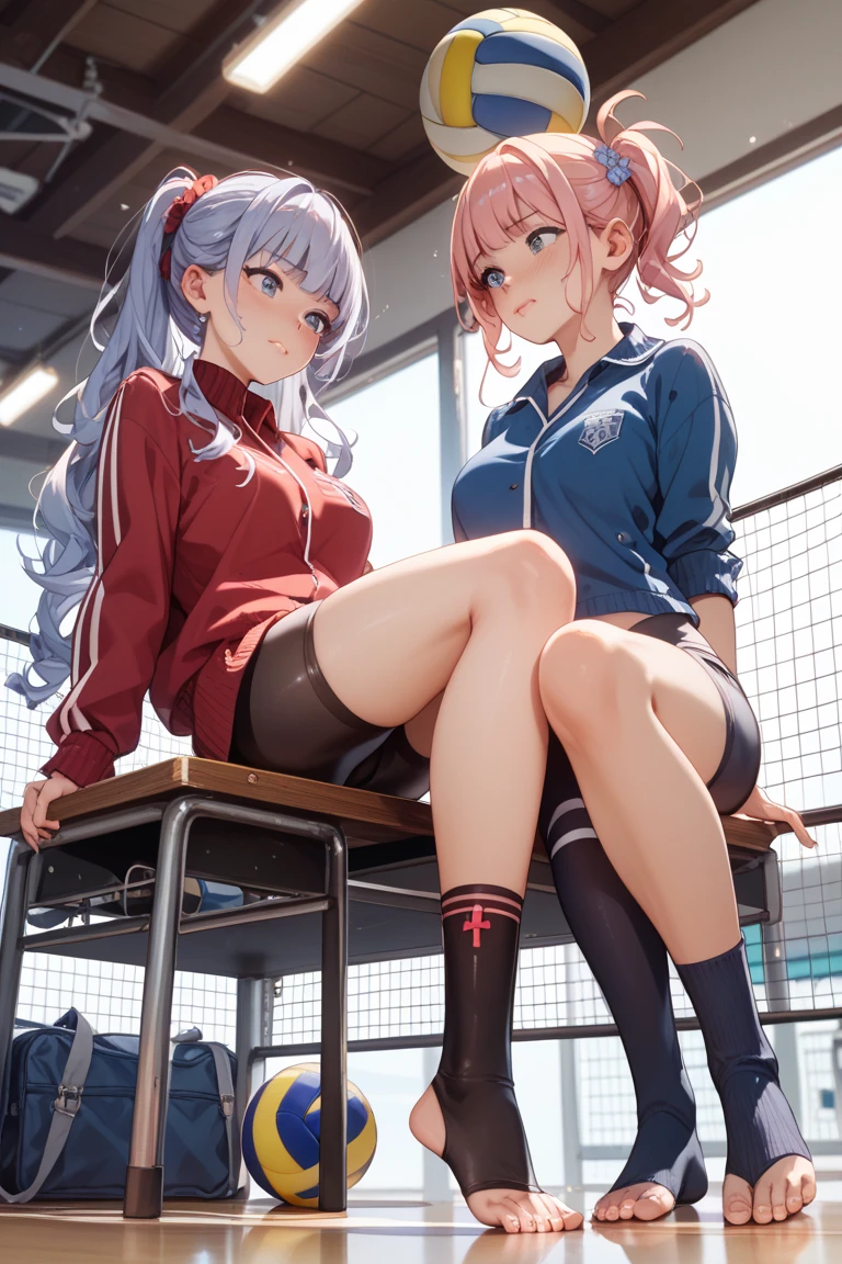Tang Wutong, big boobs, wearing a school gym shirt and gym shorts, school gymnasium, sitting on the floor