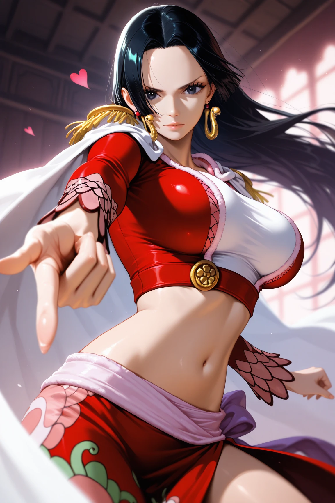 (masterpiece, best quality:1.2), cowboy shot, solo, 1girl, boa hancock, smile, looking at viewer, hand on hip, cape, epaulettes, cleavage, jewelry, earrings, midriff,NSFW,official art,extremely detailed CG unity 8k wallpaper, perfect lighting, (masterpiece:1.0),(best_quality:1.0), ultra high res,4K,ultra-detailed, photography, 8K, HDR, highres, absurdres:1.2, Kodak portra 400, film grain, blurry background, bokeh:1.2, lens flare, (vibrant_color:1.2),(beautiful_face:1.5),(narrow_waist),(perfect hands, perfect anatomy),