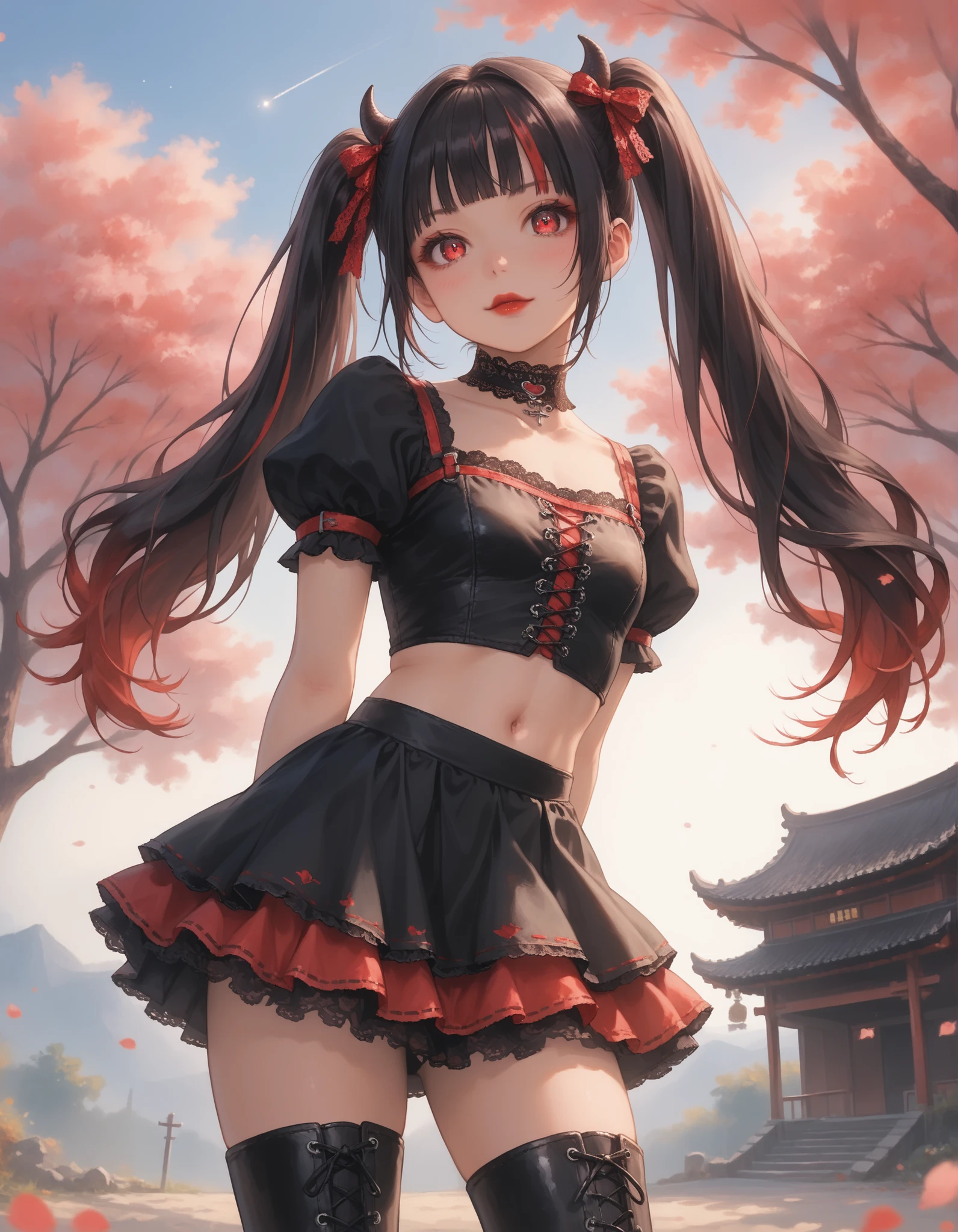 Score_9, score_8_up, score_7_up, score_6_up, source_anime, rating:general, 1girl, long black hair with vivid red streaks, red highlights throughout hair, extremely long twintails, messy twintails, blunt bangs, red eyes, Sanpaku eyes, pale skin, round face, cute face, slender build, slender legs, exposed midriff, cute belly button, flat chest, wearing a frilly leather lace idol dress (intricate lace detail) tow piece dress, puffy lace skirt (intricate lace detail), short skirt, puffy lace underskirt, lace corset (showing midriff, cute belly button), puffy lace sleeves (short sleeves, intricate lace), lace wristbands, lace choker, thigh high leather boots , gothic idol dress, lace ribbons, leather harness straps, small devil horns, black and red clothing, cheeky expression, natural glossy red lips, subtle edgy touch, standing in a traditional Japanese village, sakura trees, night times, shooting stars, edgy atmosphere, soft lighting, vivid colours, masterpiece, 8k quality, arms by side, idol promotional photo, dynamic angle, view from below , dynamic gothic background, arms and hand behind back, leaning in slightly