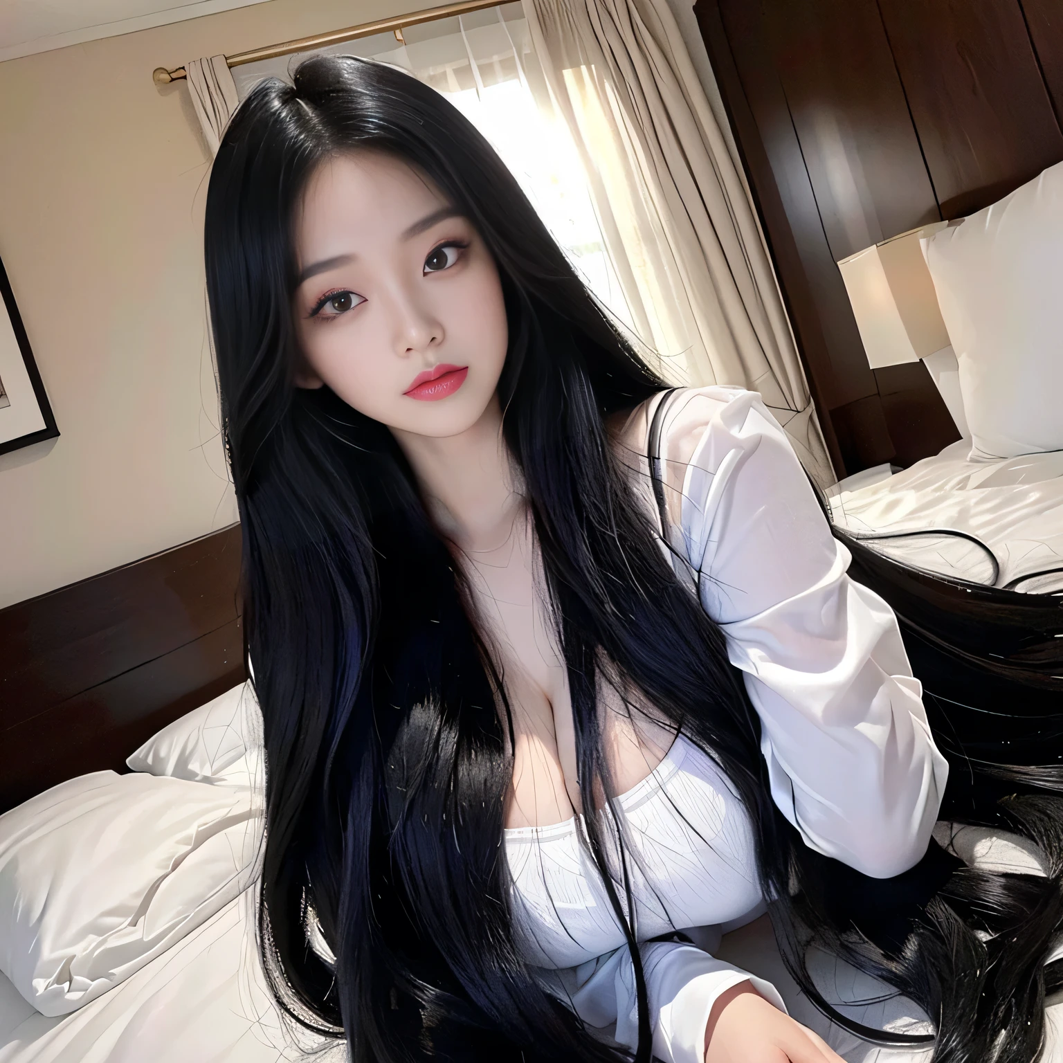 (Top image quality、top-quality、Top resolution、hyper realistic photography、Full body photo、masterpiece、)Two girls、Super beautiful beauty with amazingly long black hair、hair length about 3 meters、White underwear or naked、Hide the whole body with straight black hair、Very beautiful face、well-groomed beautiful black hair、very large amount of hair、She has very long black hair that emphasizes her sex appeal as a woman、slim figure、Lustrous beautiful hair、Bright lighting、profetional lighting、Winner of the World Long Hair Contest、Full body real photo、Head-to-toe photo、Photo taken from about 4 meters away、Super Real、Stand up straight、Two hands、2 legs、5 fingers、The longest black hair in the world、lying in bed with long hair spread、Long hair spread out on the bed overflows from the bed、Hair is heavy and tired、Hair longer than Rapunzel、very large amount of hair、Lying face down on the bed、She hides her whole body with very long black hair、Hair that is shampooed every day is very clean、Hair smells of roses、Female sex appeal lies in very long black hair、The attractiveness of women lies in very long black hair、Long black hair is a symbol of beauty、My pride is very long black hair、This long hair length and amount is admired all over the world、I'm in the process of forcibly cutting this long black hair out of my hairline....、This long hair will be sold at an overpriced price、A very beautiful woman is cutting my long black hair、The location is a beauty salon、A large amount of black hair is falling on the floor of the beauty salon、The floor in the beauty salon is buried with trimmed black hair、
