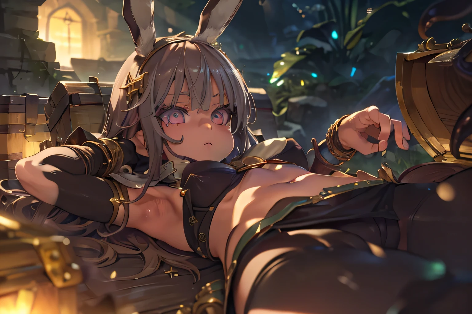 (cowboy shot), (open legs wide),(spread legs),(Lie on back:1.5), bewitching pose, (arms behind head:1.2),
(in Treasure Chest:1.5),
ragnarokhunter,(ultra high resolution),high resolution,sharp focus,(ultra detailed,very detailed),(very detailed CG unity 8k wallpaper),(((vibrant colors))),{best illustration},
shiny skin,very shiny skin,shiny body,plastic glitter skin,exaggerated shiny skin,illuminated skin,
complex eyes,beautiful detailed eyes,symmetrical eyes,big eyes:1.5,seductive eyes, ((detailed body)),(detailed face)), (complete anatomy),
Glamorous, tight waist, long legs, curves, cleavage, revealing outfit, show skin, long hair, brown hair, one girl, ragnarok online, hunter, anime girl, perfect fingers,
navel, exposed midriff, exposed navel, exposed midriff, exposed lower abdomen,
White bunny ears headband, Micro mini skirt, Micro pencil skirt, Brown socks, Heavy duty boots, Gold bracelet, Brown arm cover,
(1comical anthropomorphic tentacle monster),(Tentacles fighting to protect women),(Tentacles are your friends),(friendly tentacles:1.5),
(Lots of tentacles1.4),
Underground labyrinth, lanterns emitting faint light, dangerous dungeons, dark, moss-covered stone walls, cracked cobblestones, mysterious atmosphere, medieval European style, chain, (dark, rich background with subtle textures:1.2),(dramatic baroque lighting, chiaroscuro style:1.3),
(strong contrast of light and shadow highlighting :1.3), (lens for soft bokeh:1.3), (shallow depth of field focused on the :1.3),
(high resolution for fine detail:1.3),