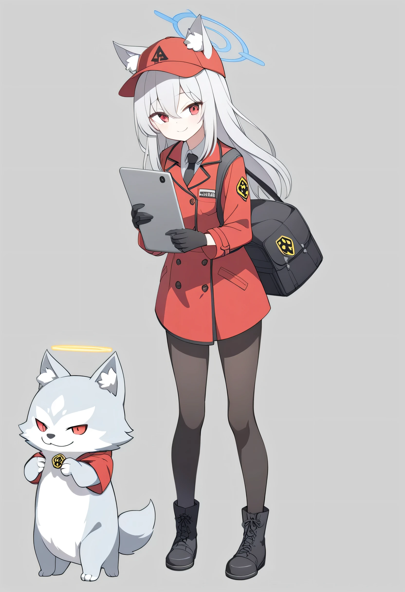 girl, Long silver hair , , a red baseball cap with a white biohazard icon, red eyes , Red trench coat , calm expression , blue halo, gray wolf ears, Black Leather Gloves,black pantyhose, Black boots,black tie,Holding a tablet with a biohazard icon on the back,No Background,Full body picture,Stand leaning to the left, Forward ,Smile,Stand Up Straight