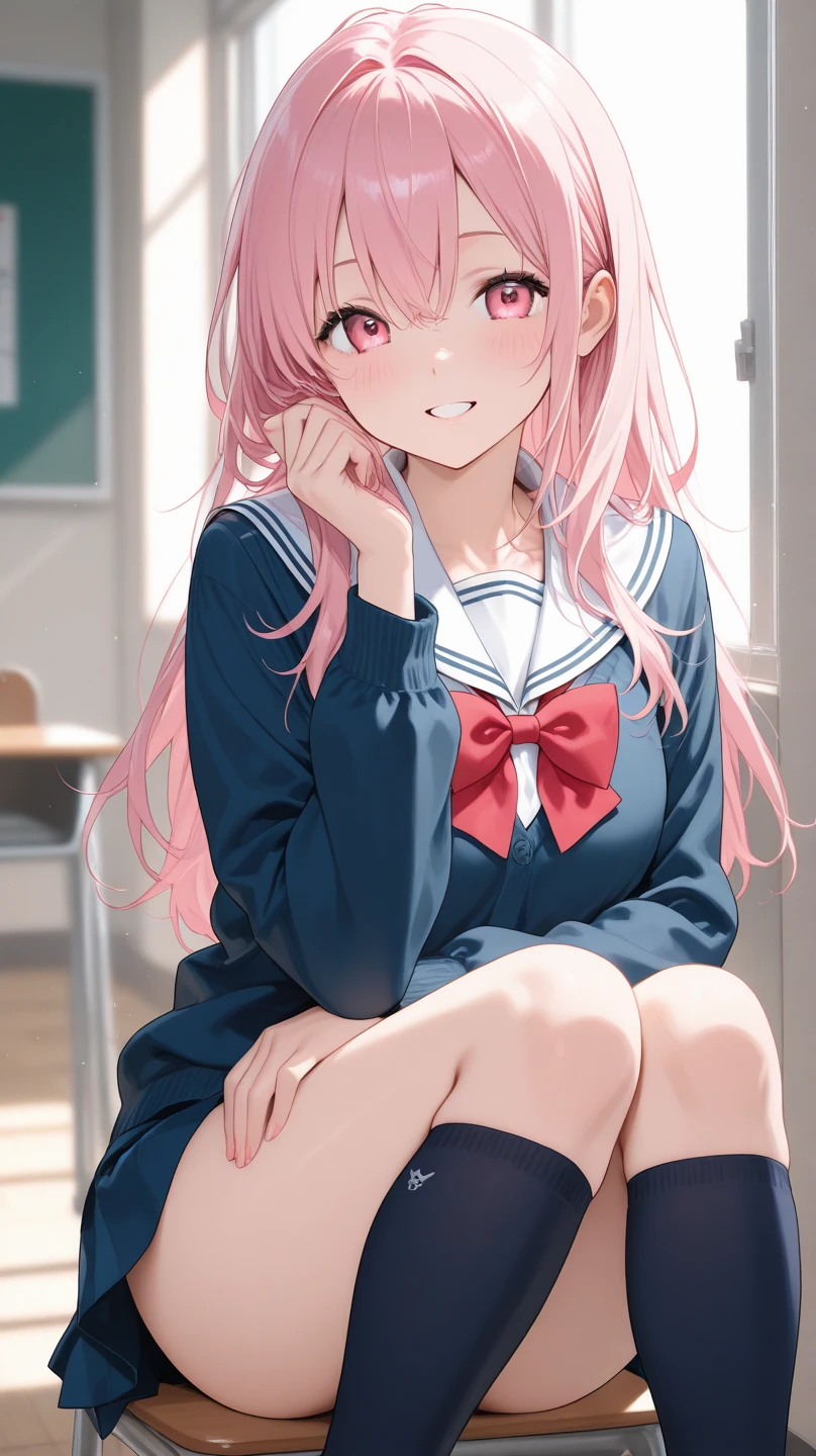 32k, best quality, ultra high res, HDR, UHD, extremely detailed CG unity 32k wallpaper, (cute gal), classroom background, peer in from below, ultra quality hair, pink hair, navy sailor suits, beige cardigan, ultra quality eyes, purple eyes, smile, side ponytail, showing panties, sit on a chair with your legs spread,