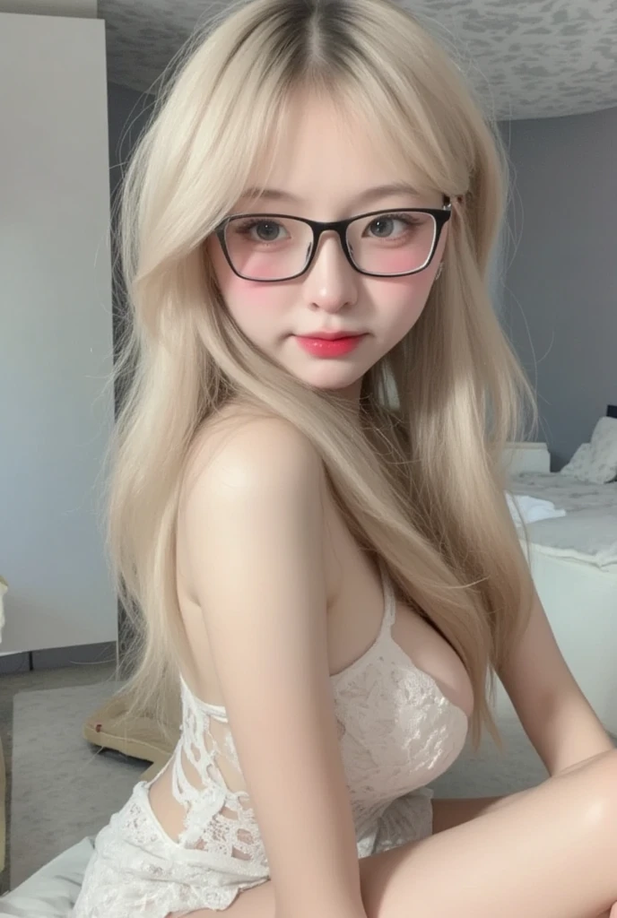 (realistic、masterpiece、Best Quality、8K、highres、white background, high resolution:1.3)、1 chubby girl:1.3)、looking at viewers, black lace bikini、pale white skin、very blond hair ,very pale skin, extremely pale blonde hair, ivory pale skin, very white skin, pale skin, very pale white skin, very pale white skin,white skin and pale porcelain, white and pale skin, fair and pale skin!!, long blonde hair, looking at viewers、super fine face and eyes、long blonde hair、 ((full breasts:1.3)), indoor、 upper body、