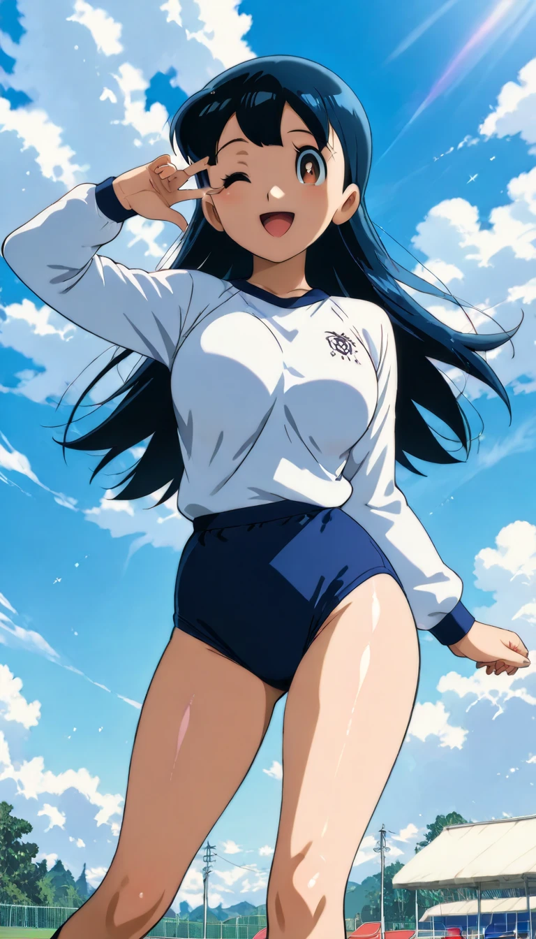Vast blue sky,Very detailed, delicate and dynamic,A big smile,Super quality, 16k,Student bag,Black Hair,A high school girl runs through the blue sky,白いcloud,running,Sailor suit,uniform,youth,,Blue sky,cloud, Wind-effect, background,Sideways dash,Sweat,Sideways dash,sense of achievement,Wearing a skirt