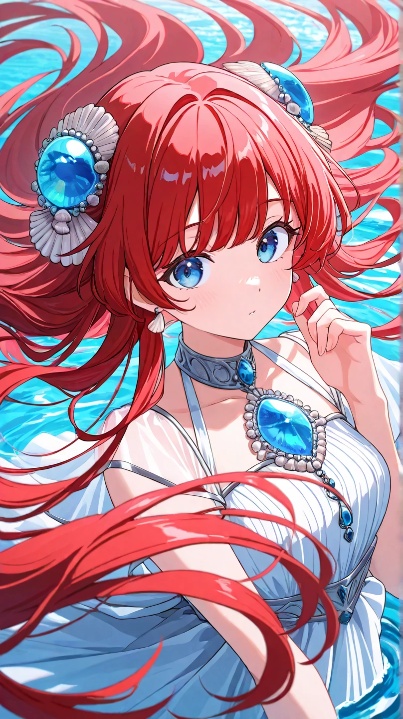 A red-haired mermaid princess。She has blue eyes、Red hair and pale pink lips。She wears a pearl-decorated tiara on her head.,Pearl earrings on the ears,A pearl necklace on her neck。Her body seemed to be surrounded by water.,There are bubbles and water droplets around。The fish's tail looks like a long flowing skirt。The whole picture gives people a mysterious and dreamy feeling。Add some details,Make the picture richer,Clear facial features,primary color,High-definition quality,high quality,masterpiece,best quality,Ultra Detailed,Adding details,high resolution,Clarity Enhancement,Detail Enhancement,极high resolution