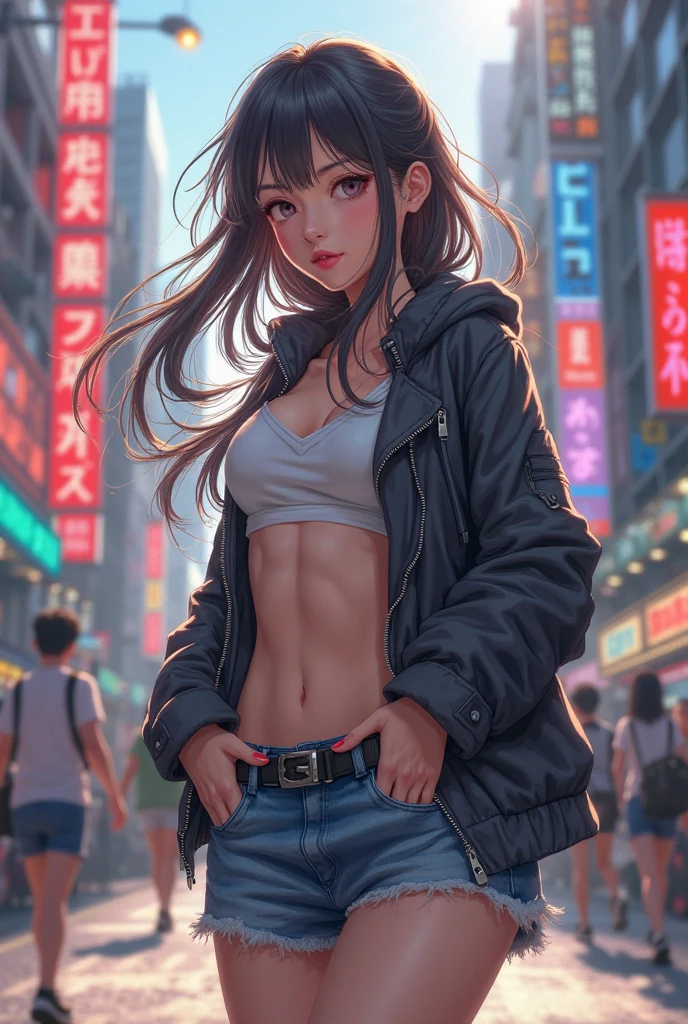 Giant Akari in crop top and jacket, Barefoot, athletic bodies, gts city, city buildings, Smoke, Evil