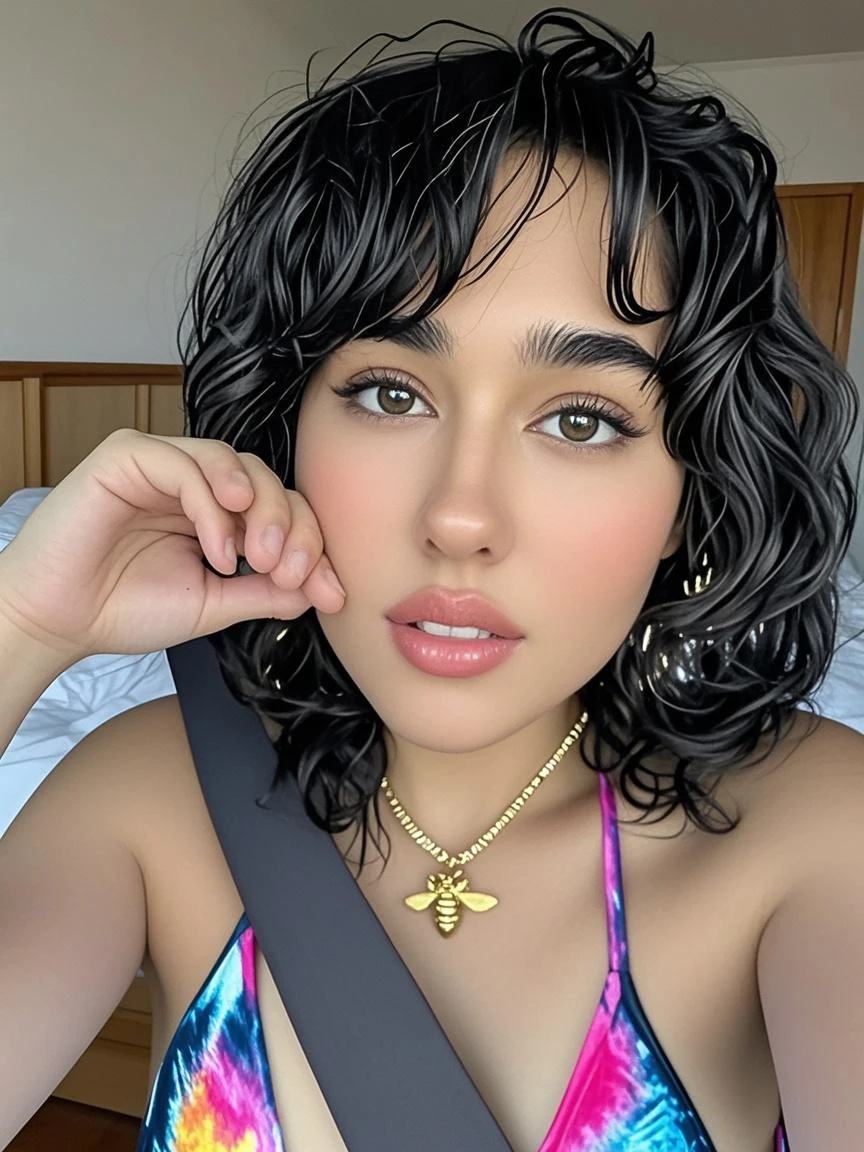 There is a woman with wet hair and no shirt, thick, straight eyebrows, beautiful latin face, olive skinnedned, flawless olive skinned, relaxed eyebrows, Thick eyebrows, she has olive brown skin, no makeup wavy hair, Zoë Kravitz, Come to the hammam, sexy face, big bold Thick eyebrows, olive skinned, Thick eyebrows