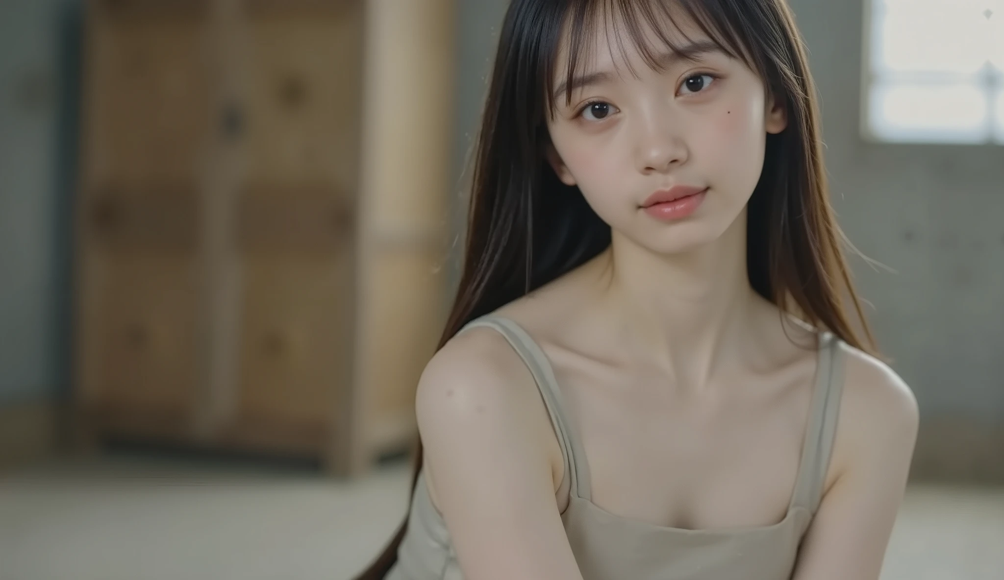 1girl, wearing a tank top with thin straps, raw photo, Highest Quality, Highly detailed, Super Detailed, Hi-Res, Slender body, Long Hair, Big breasts, sitting,