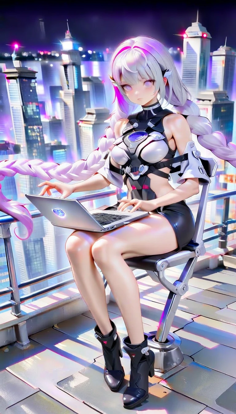 (using a laptop), (((in a server room)))), 1girl, Silver Wolf Honaki Star Rail, sitting in a chair, highly detailed, trending on artstation, listening to music, headphones, programming, intricate