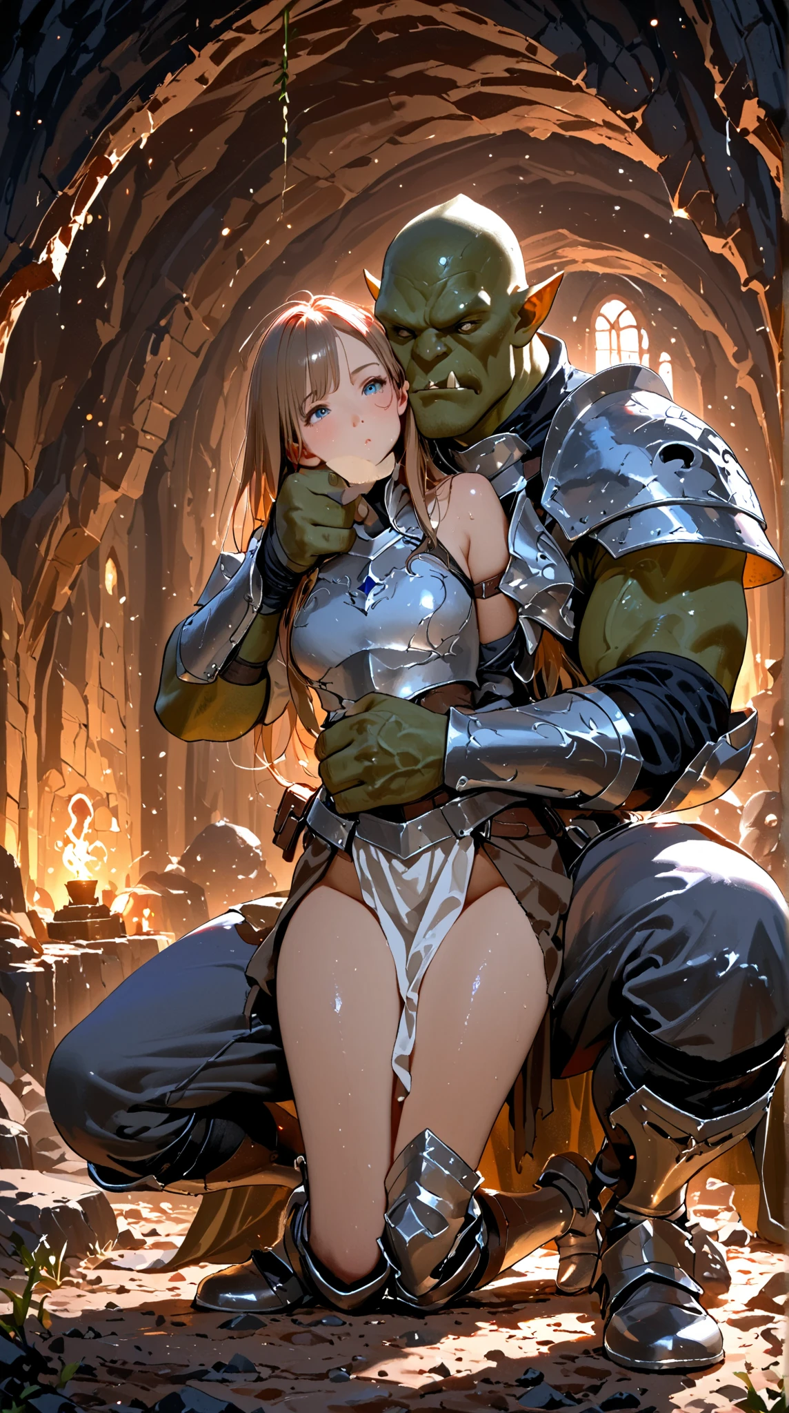 Pretty Face、big eye、(masterpiece)、ultra-detailliert、(top-quality:1.0)、( (NSFW))、(Beautie)、 Skirt、The woman is Greek、crying how bright、(ropes、noose、tie、bind both hands、Hands behind your back)、(torn armor:1.2、Tears:1.5)、Multiple Women、Man on the left、Man on the right、Princess in the middle、Inserted by the viewer、(Missionary position)、(Clothes get wet)、Reluctant、shame、embarrassed from、Flush cheeks、A man grabs his chest、licking out、(Kobold、orcs、The Monster)、(Women are human:1.2)、Monster and human sex、(a picture)、Putting in your mouth、Enter from the front、Enter from the back