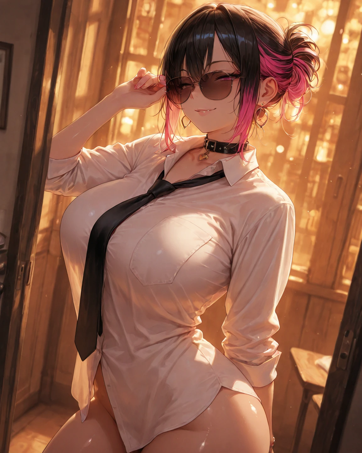 One girl, alone,Black Nurse, black nurse cap, Black clothes, ((Black legwear, zettai ryouiki)), Black gloves, Very short hair, Orange Hair, smile, Open your mouth, Are standing, ((Hospital room)), Sharp contours, Short sleeve, Tomboy, boyish, highest quality, masterpiece,facial,Heart symbol、uterine orifice、Fertilization, Glasses,Voice of the Heart,Breast milk,Ecstatic expression、yandere、Until death、Purple eyes,blush、Downward shot