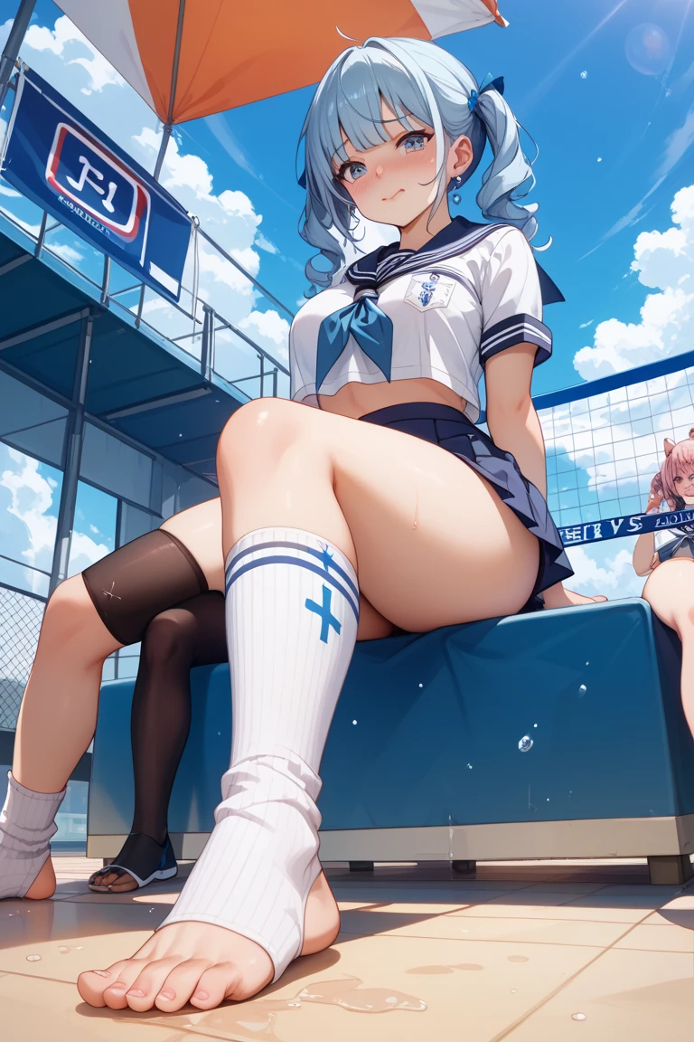 RAW Photos, Highest quality, High resolution, Very detailed、 8K image quality、Cheerleader、skirt、13 years old、Stadium、Spread your legs、Nipples are see-through with sweat