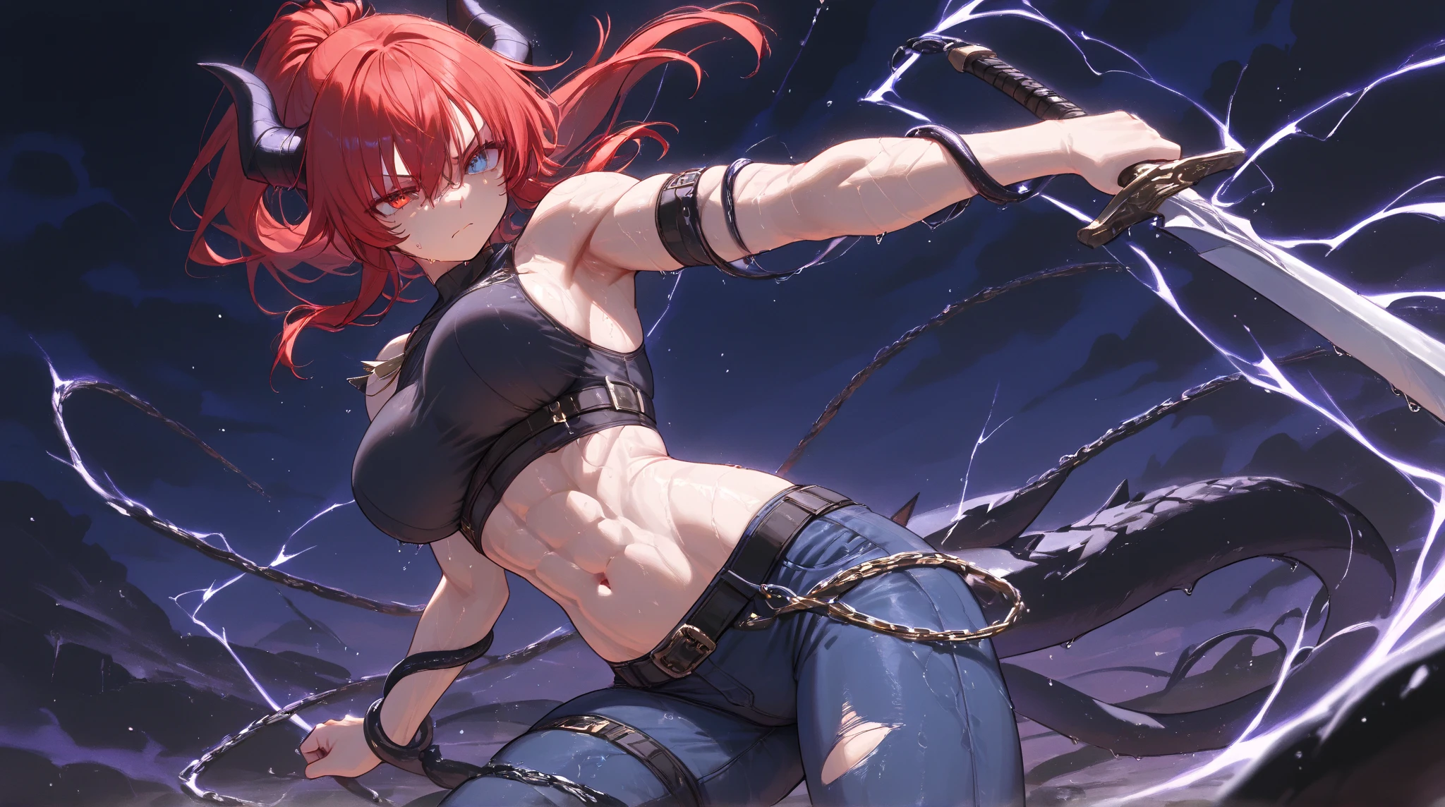 Draw Jessie, an anime-style female character. straight red hair, thin red eyebrows, burning eyes, with a mouth open in a sarcastic smile. small and firm breasts, thin waist, big ass, athletic body. Sexy naughty ice angel armor. open arms with ice crystals in sexy battle position. injuries all over her body. It is on top of the rubble of war-torn buildings. night sky with strong lightning. seen from the bottom up showing her entire pussy. big with an incredible thong within the limits of sensitivity.
