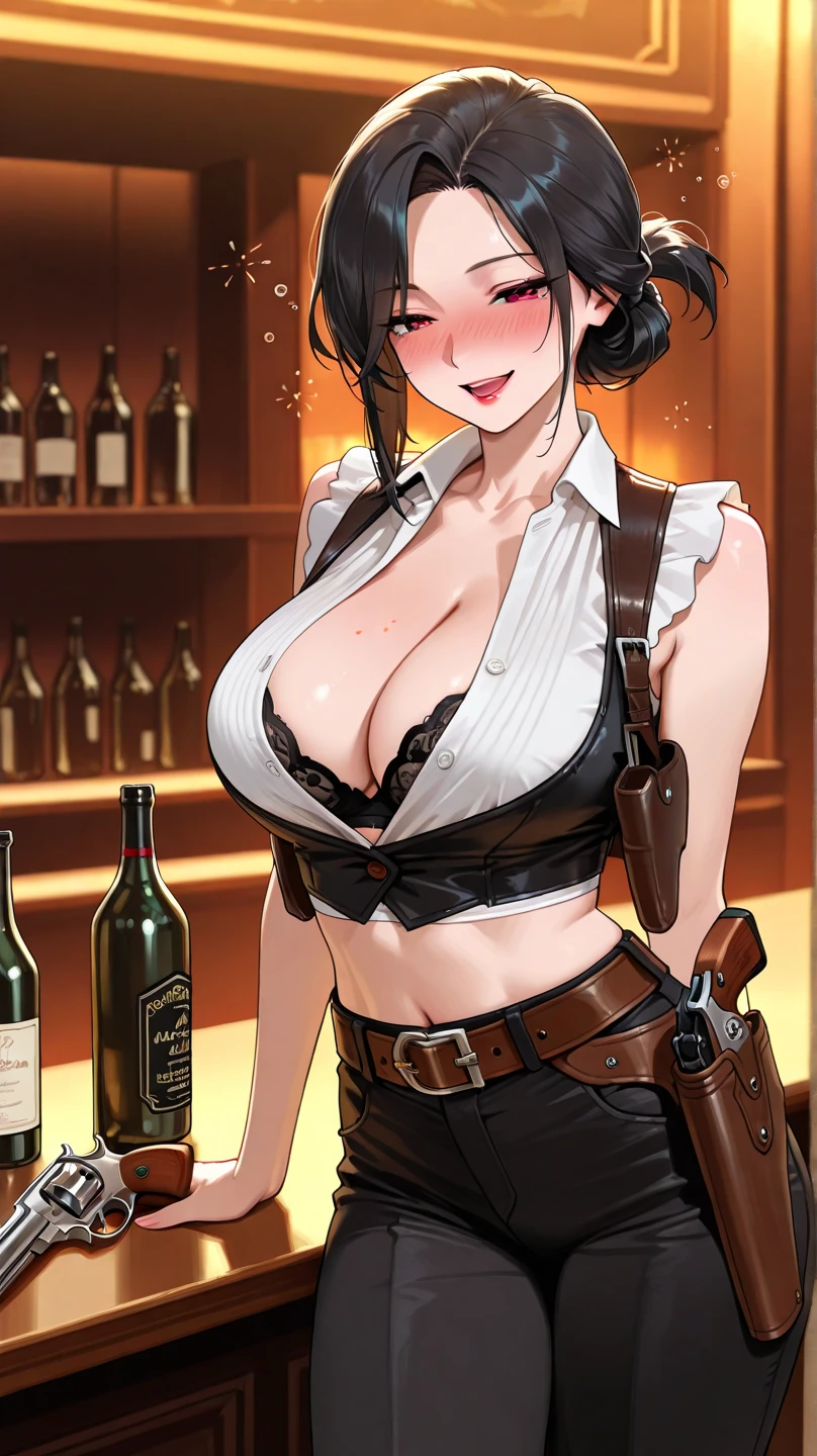 Perfect face, Perfect hands. A black haired female cowgirl with brown eyes and an hourglass figure in a conservative cowgirl's outfit is drinking at a bar in a wild west town