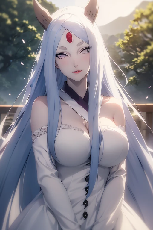 masterpiece,best quality,highly detailed,ultra-detailed,an extremely delicate and beautiful,masterpiece,1girl, solo,kaguya,mature female, long hair, third eye,horns,white short eyebrows, otsutsuki kimono, looking at viewer, on bed,indoors,wariza, cleavage, off shoulder,