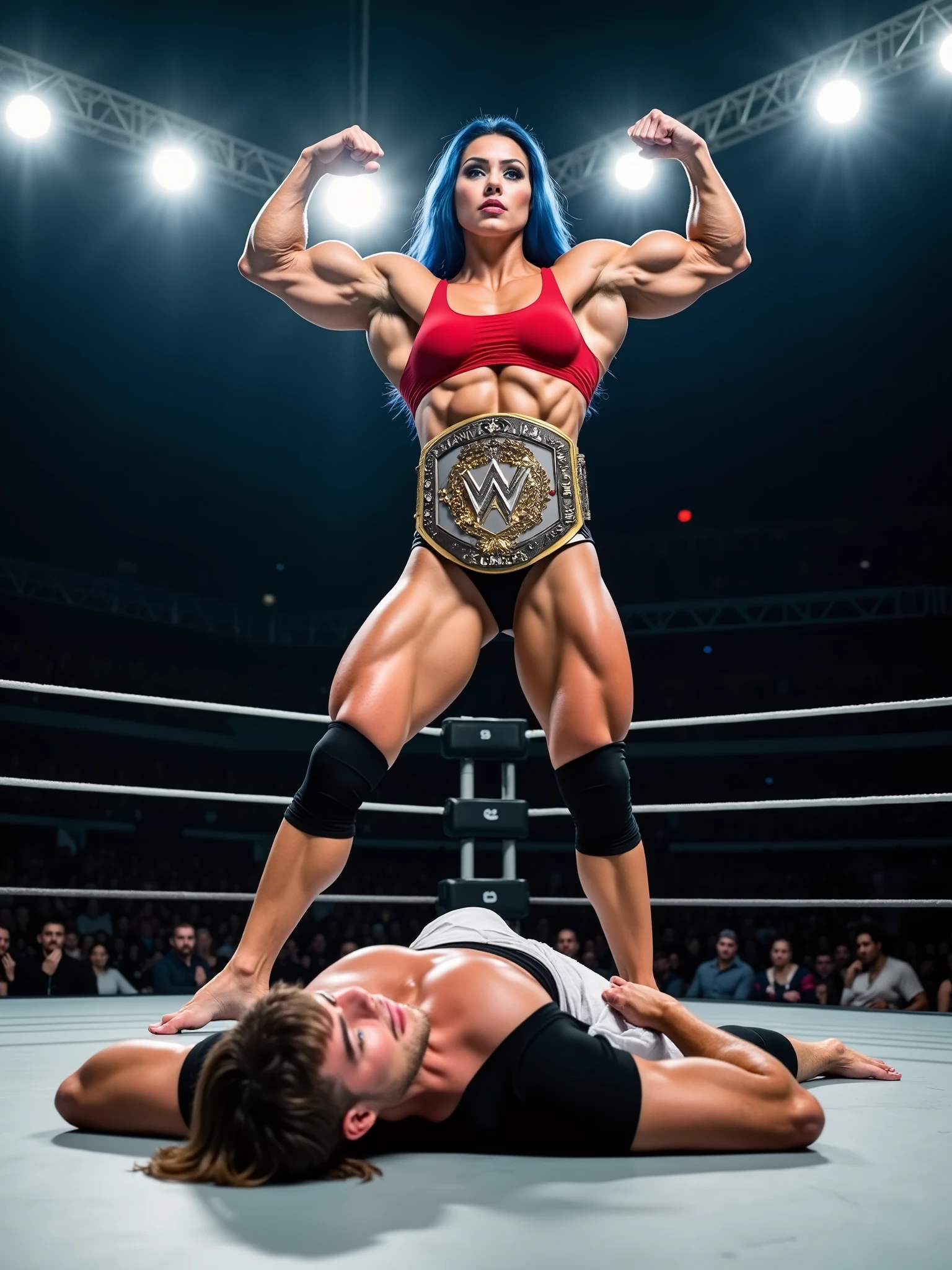full body, pov from the ground, 18-year-old European woman, white skin, extremely large muscles, bodybuilder body, ifbb professional, very marked veins, huge biceps and triceps, extremely large and marked, six-pack, huge quadriceps, blue eyes, Long blue hair, She wears a women's wrestling suit, barefoot, poses victoriously flexing her arms in the center of a ring while holding a champion's belt, dominant and challenging look, steps on the chest of a defeated man on the ground, light bulb lighting in the center of the ring, cinematographic lighting