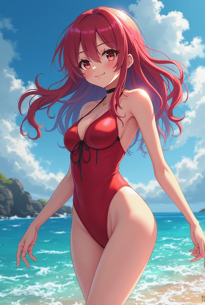 Red hair、red eyes、Beautiful girl alone、The bikini、rose garden、sitting on、gravure