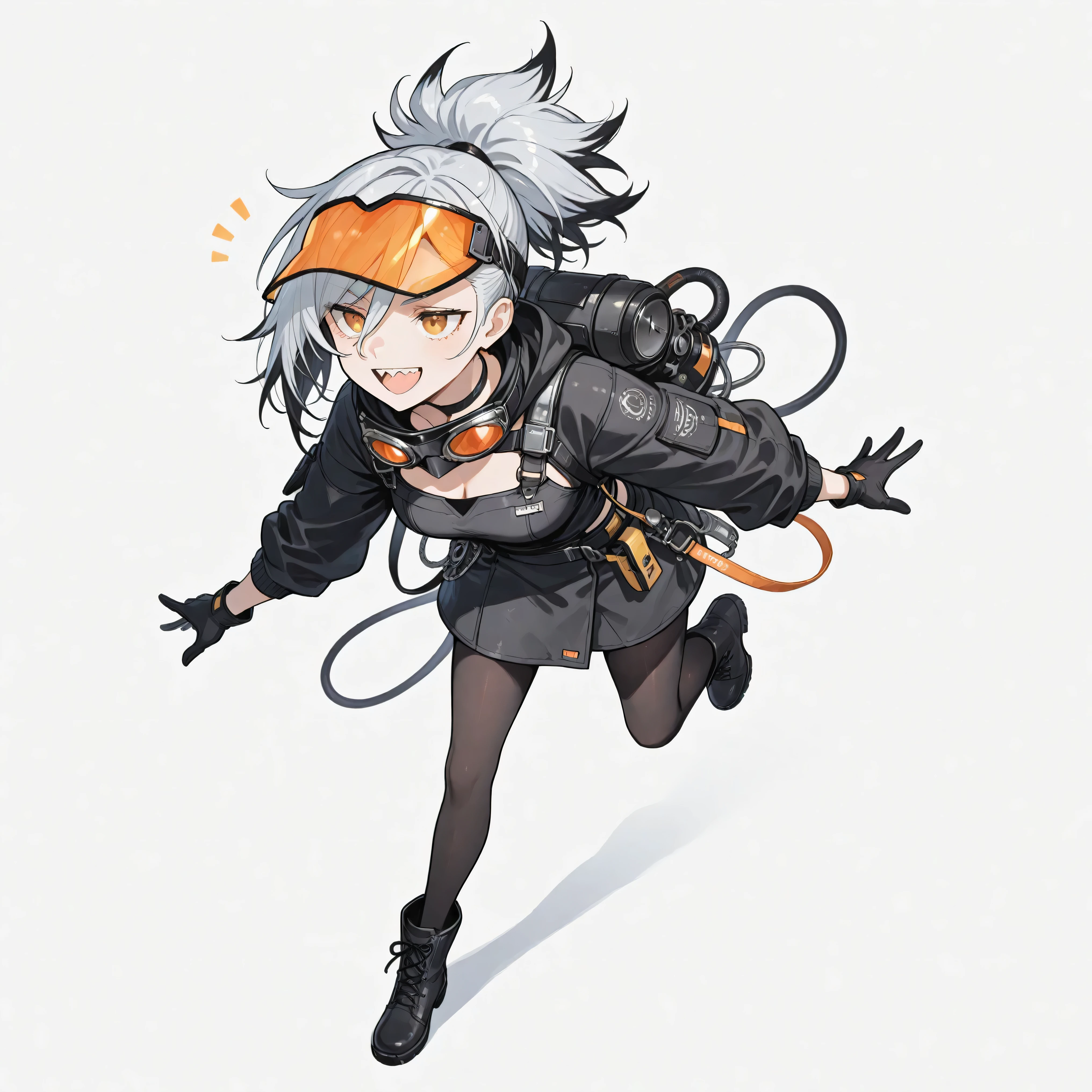 high resolution、High Quality、 shortcut, ponytail 、 stupid hair、black pantyhose 、mechanic fashion、double teeth、solo、thick soled boots、 asymmetrical hair 、 wears goggles on her head 、sun visor、wide-angle shot、view from above、 Silver Hair、two-tone hair、white background