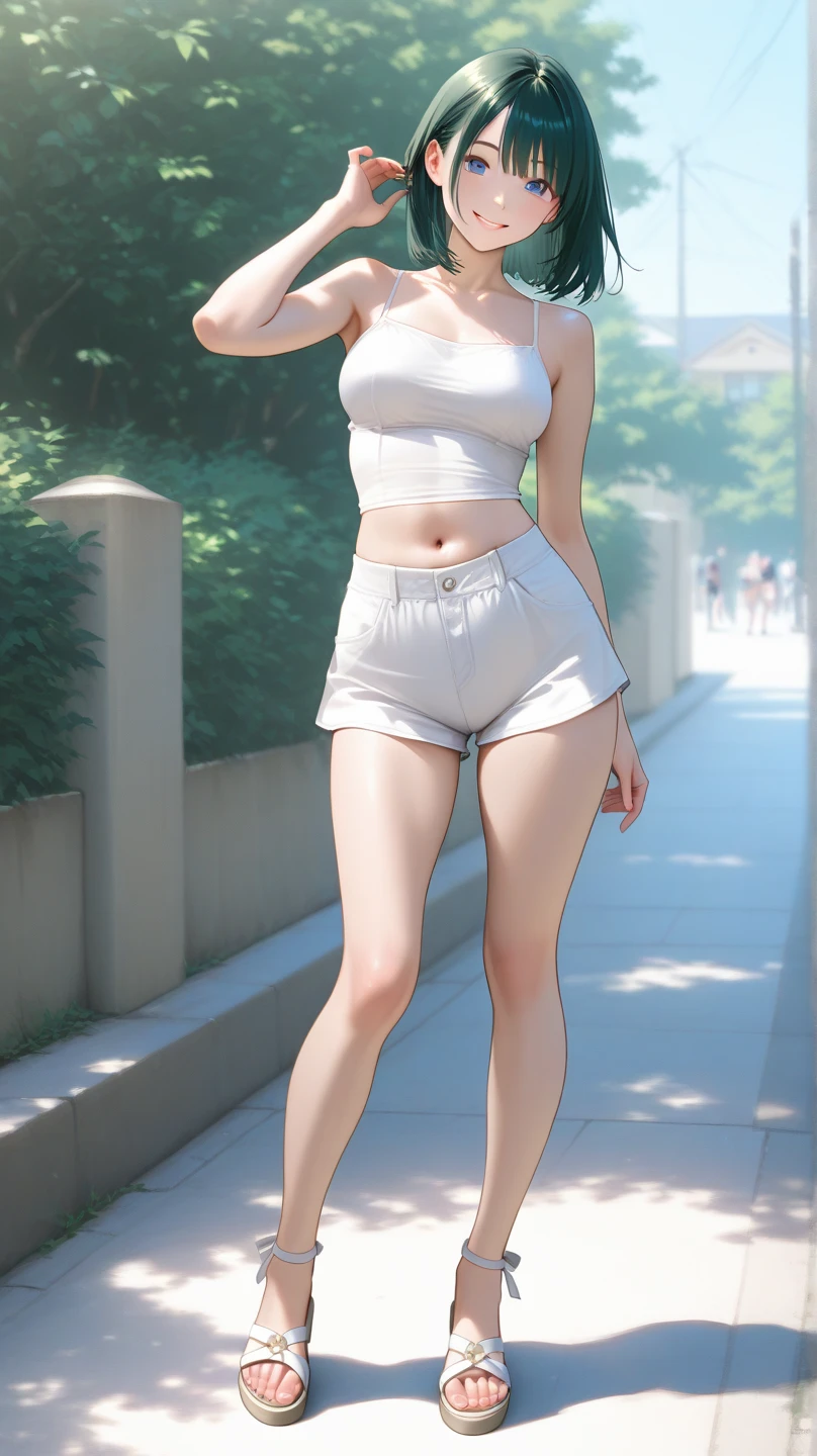 (full body:1.3), delicate, masterpiece, beautiful detailed, colorful, finely detailed, intricate details, promptsgirl, (white shirts:1.3), (hands behind:1.3), sexy lady, (large breasts:1.1), (slender legs:1.3), (slim thighs:1.3), (small pelvis:1.3), (beamimg smile:1.3), <lora:promptsgirl_v21:1> (oversized shirt, shirt, off shoulder:1.2),  (black highheels:1.2), <lora:oversizedShirt_v10:1>