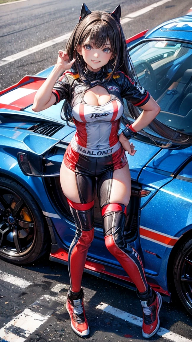 One Woman Race Queen Posing for the camera in front of a sports car High leg Low - Angle Cute smile
