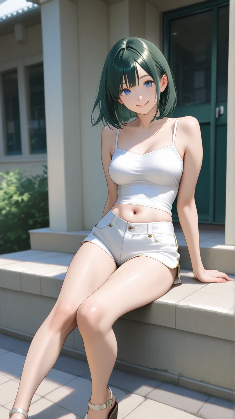 dalcefo, ultra resolution,
(realistic),
1 slim girl,
short green hair,
cute young face, gasp, blush, seductive smile, slightly frown,
natural small breasts,
shiny sweaty skin, white skin,
baseball cap, earrings, white blouse, black miniskirt,
lift clothes, lift skirt, panties exposed, bra shift