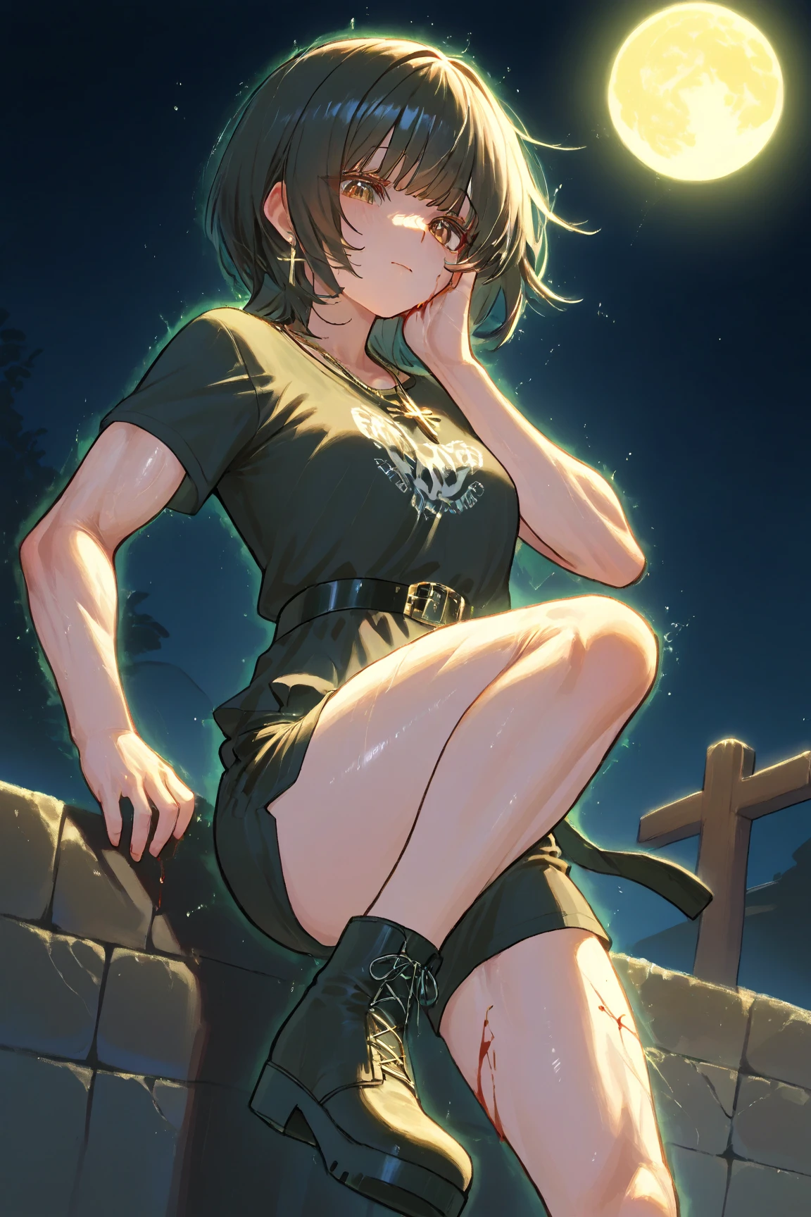 (masterpiece, highest quality),  (夜のdark森), One Girl, young teen, Black gymnastics bloomers, High leg、School Shirt, standing in night forest, Looking up at the forest、Anxious expression, Emotional, Wide-angle, dark, Best Shadow, watercolor,アレンデールのアンナ