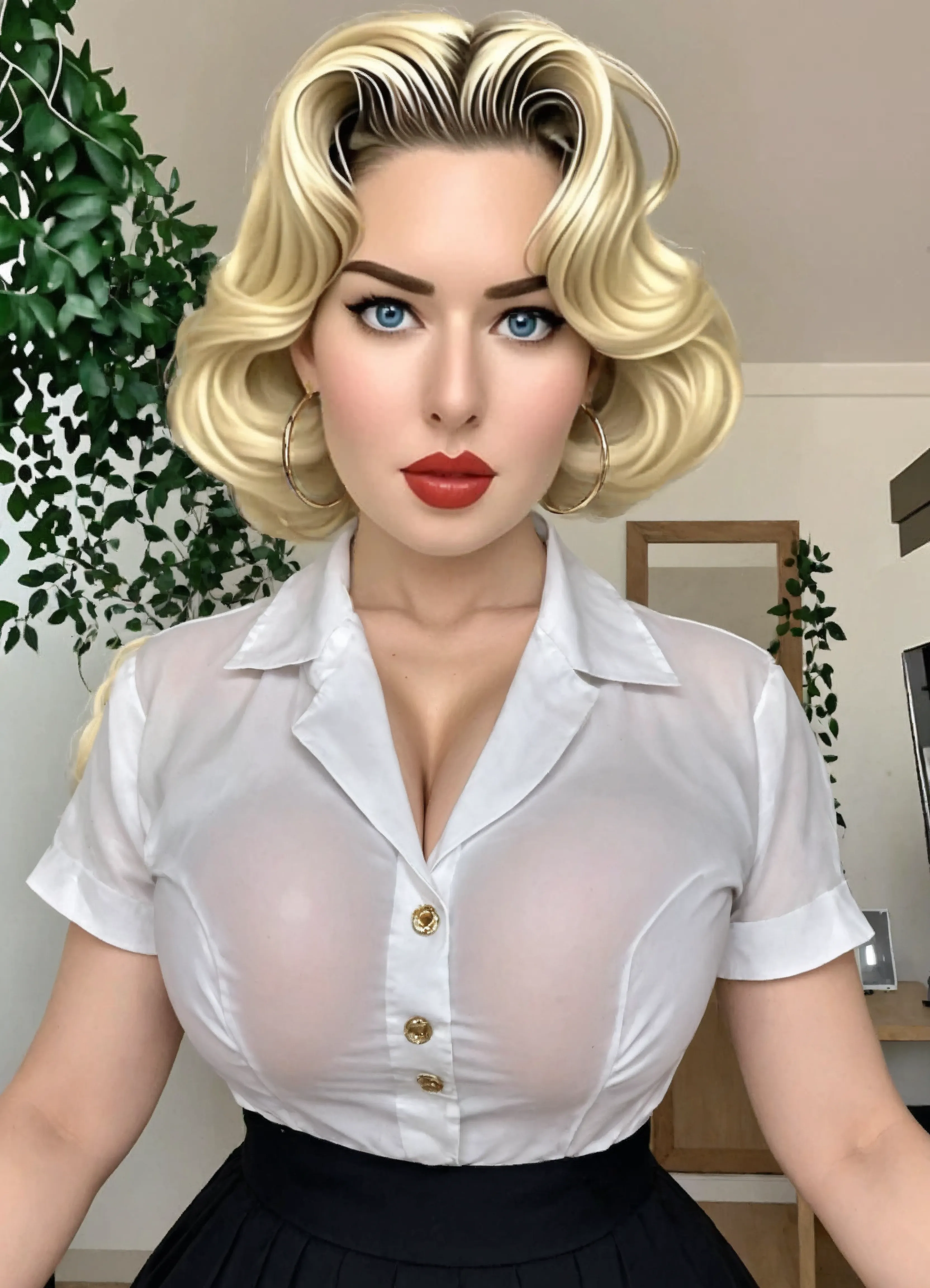 (2heads),1 woman,(perfect face: 1.3), (perfect white skin: 1.2), perfect body, woman (tasty breasts: 1.3), poses in a plaid executive suit, and unbuttoned blouse, very sexy, (cleavage in V:1.3), perfect hands, well-drawn fingers, sexy girl in revealing clothes, covered breasts, busty woman, showing her toned legs, looking at the viewer, in an executive penthouse suite, seductive gaze, sexy, ultra masterpiece mega high quality 8k, depth of field.