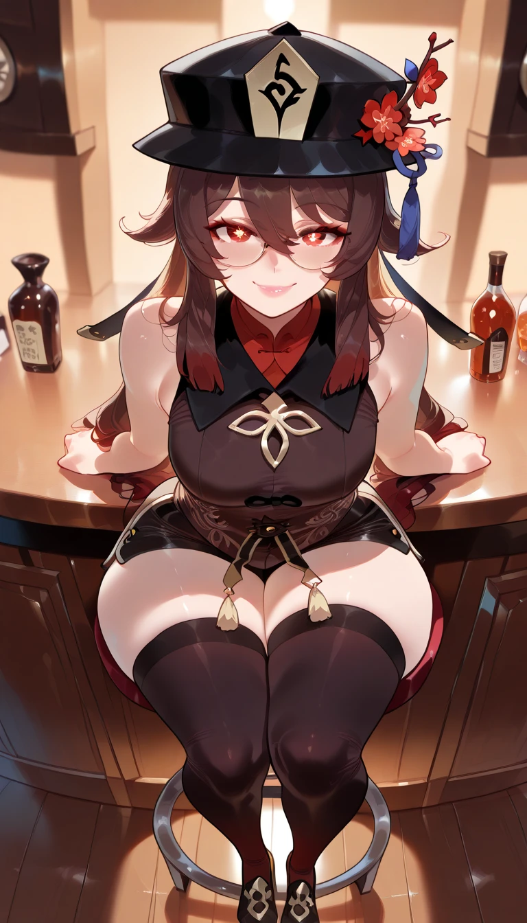 masterpiece, standing insanely hot (woman 1) using sexy, (((cute pose)), (thick thigths), (confident expression), blushed face, red eyes,  brown hair, from below, eye patch, medival tavern, beer, panties, abdomen, (((drunk))), (underwear), bra, panties, big boobs