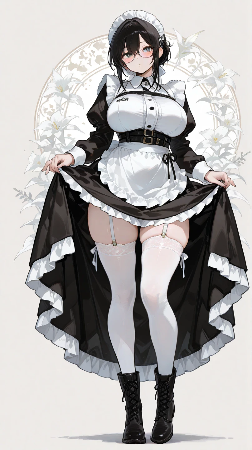 score_9, score_8_up, score_7_up, score_6_up, source anime,nero claudius \(bride\) \(fate\), nero claudius \(bride\) \(second ascension\) \(fate\), nero claudius \(fate\), 1girl, ahoge, ass visible through thighs, belt, blonde hair, breasts, bridal veil, chain, cleavage, cowboy shot, detached collar, detached sleeves, floral background, flower, garter straps, gloves, green eyes, hair intakes, leotard, lily \(flower\), lock, looking at viewer, medium breasts, short hair, smile, solo, standing, thighhighs, veil, white gloves, white leotard, white sleeves, white thighhighs, wreath, zipper, zipper pull tab, padlock, white flower, blush, closed mouth, puffy sleeves, thigh gap, bangs, hand up, long sleeves, bare shoulders, showgirl skirt, strapless leotard, strapless, full-length zipper, wide sleeves, large breasts,