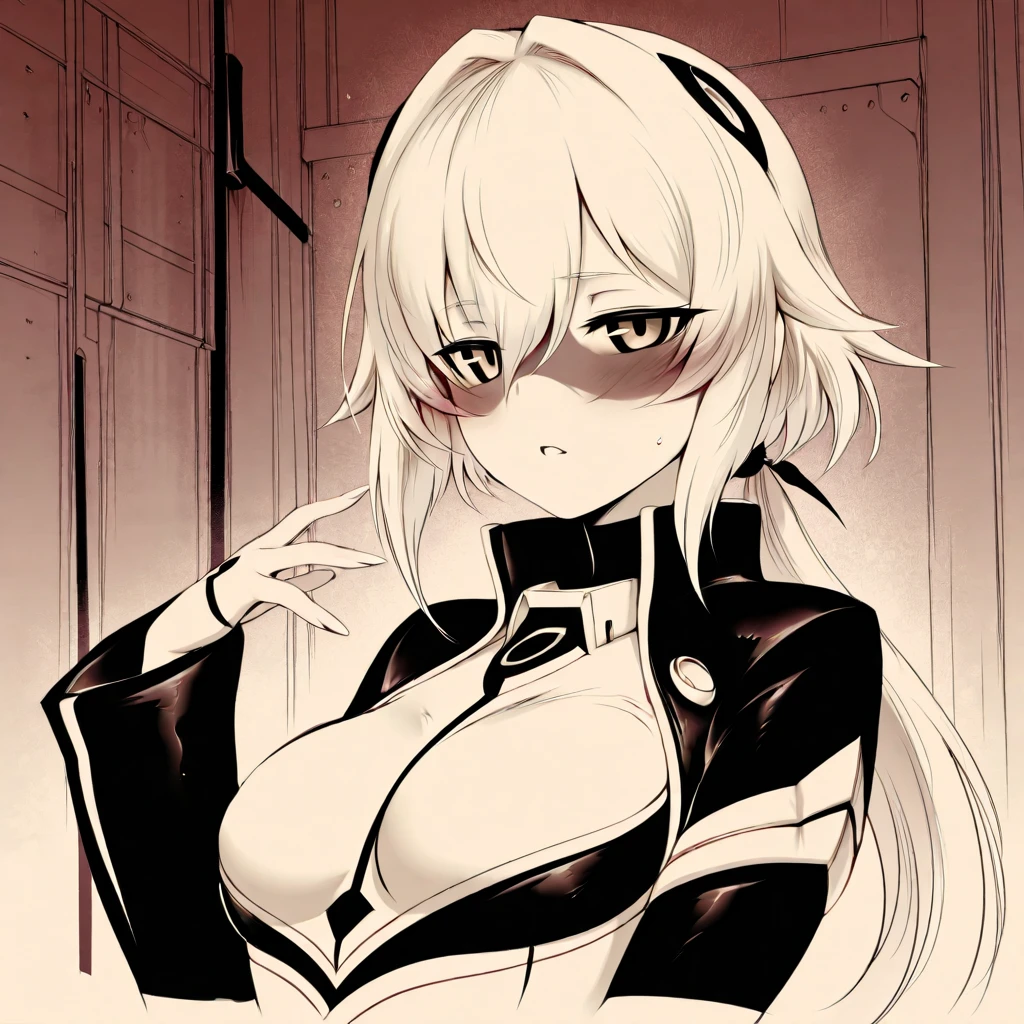 cat girl, cat paws, cat ears, slit pupils, hybrid, standing, white hair, tight black suit, black motorcycle suit, black clothes, medium breasts, animal hands, claws, cleavage, masterpiece, best quality,