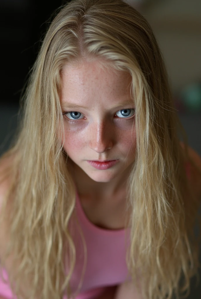 A scared looking 11 yo white teen girl in a tight white tank top in a basement. Cleavage. Close up. Blonde pigtails