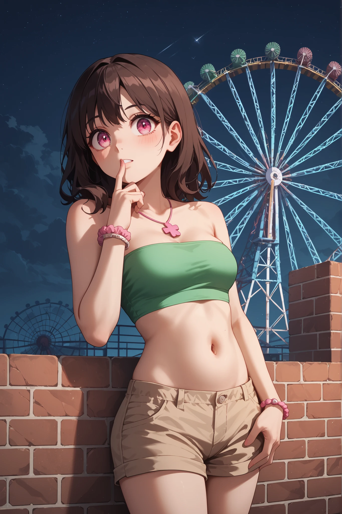 Android games for iOS or Android, Tristan Eton's style, Cyberpunk dystopia, Meticulous portrait, Anthony Gormley, 8k 3d, Alex Maleev, "(Best quality at best, A high resolution:1.2), ultra - detailed, (actual, realisticlying:1.37)Nice profile, Girl with dark brown curly hair blowing in the wind, neon city neon tube, sexy bikini outfit, Director Shinkai Makoto, Smiling slightly, ,Hats , High freshness, vivd colour, Studio lighting, Fan models only"No signage、Hair Fluttering in the Wind、Let the upper body be reflected、Touching your chin、natta、Skyscrapers line up behind.,Beautiful profile
