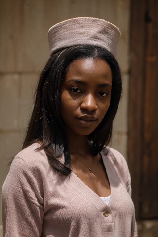 cinematic photo of pretty octavia spencer in her early twenties, standing in the hallway of a luxury harlem brownstone, cute updo hairstyle, wearing a heather gray sweatshirt, serious expression