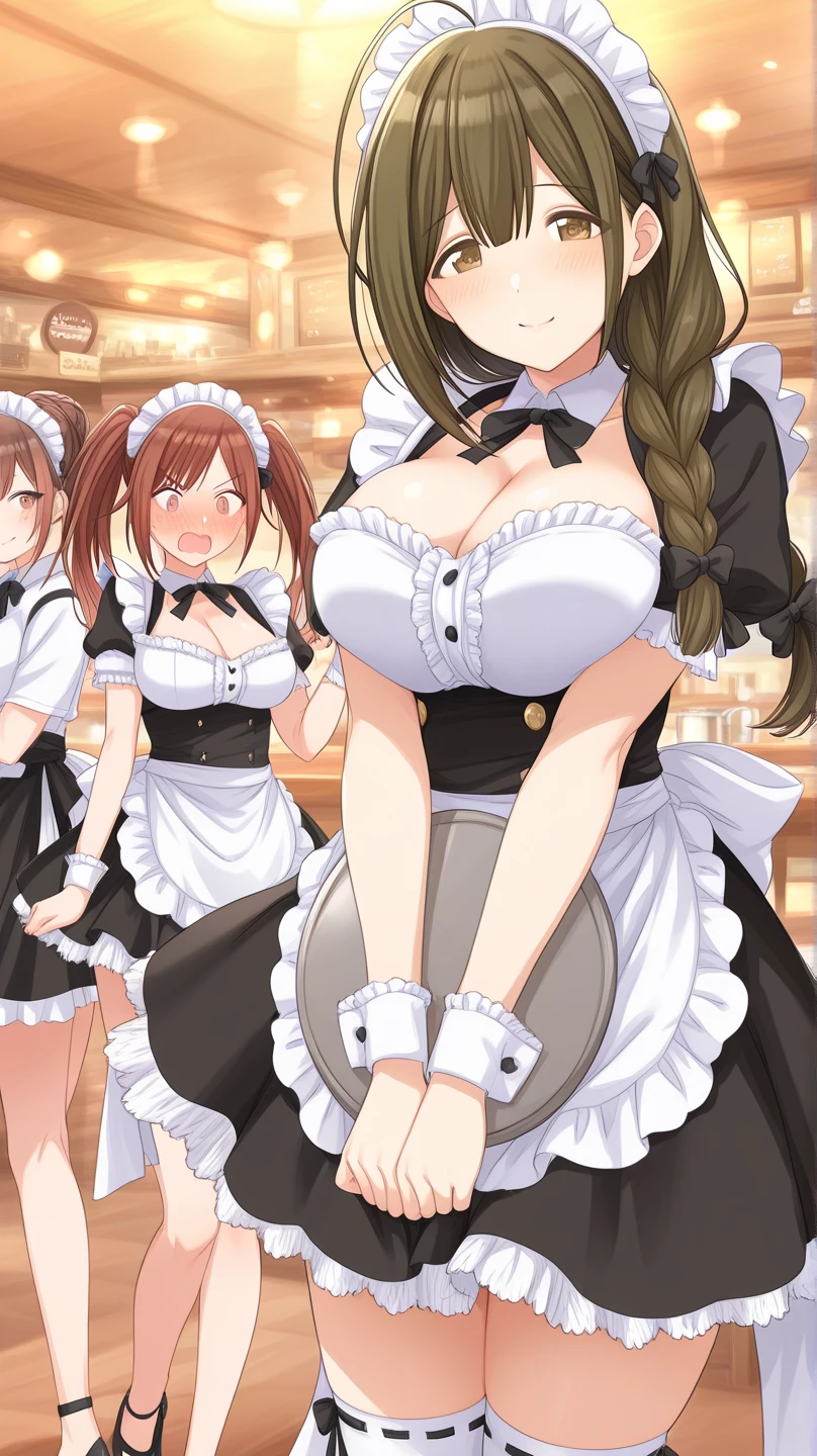 ((pink nipples,nsfw,masturbation,breast milk,inverted nipples,aroused,topless,show off nipple,panty shot ,spread legs,sexy T-back,curvy,1girl)), solo, Super huge breasts,plump,Whipped thighs,upper body, portrait, smile, ahoge, sidelocks, wide sleeves, hair over one eye, (((maid))), looking at viewer,perfect quality, perfect,high quality,good quality, masterpiece, faultless,HDR, UHD