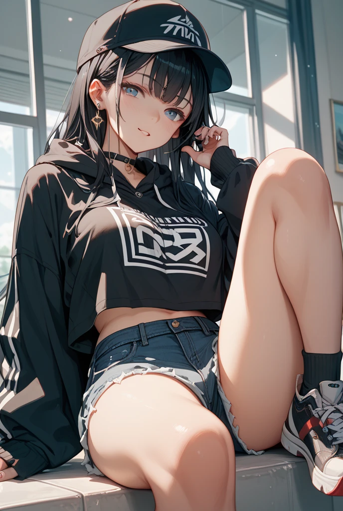 crouching down，(child)，（​masterpiece，Highest Quality），Crop Top Look，Short sleeve hoodie，(Black mini skirt with gingham check)，A dark-haired