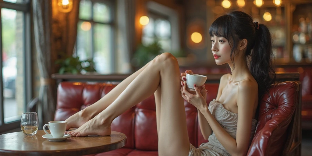 masterpiece、A detailed eye、超hight resolution(reality:1.4) A slender,skinny body、being thin、thin and long legs、 (A hyper-realistic), (hight resolution), (8K), (ighly detailed), (ultra-detailliert), 详细的脸,、NSFW、Inter-strands、fullnude、((((Naked play、Popular cafes))))、A slight smil、(((Stay naked、sit a chair)))、beautiful hairl、poneyTail、Tea time at an outdoor table