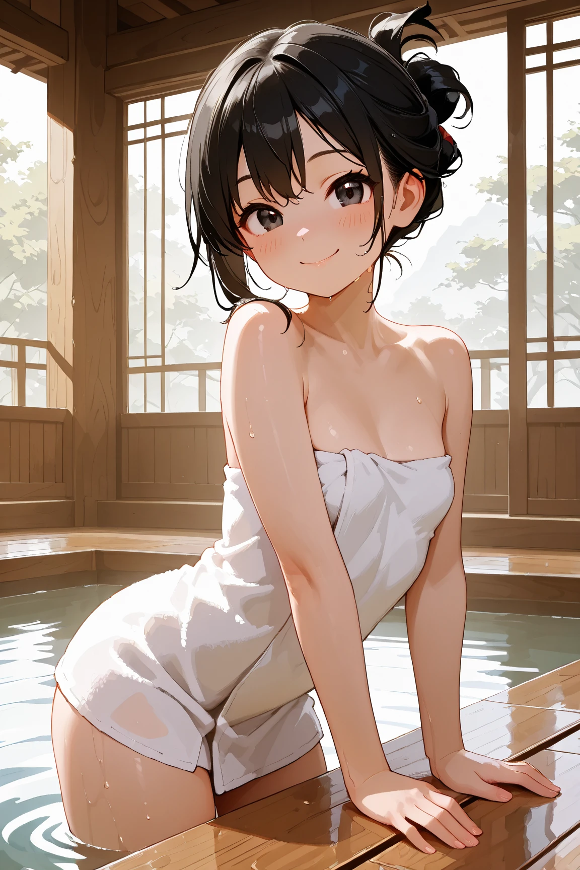 (masterpiece:2.0), (top-quality:2.0), (sitting naked in the hot spring:1.5), (white Tube top extremely short bath towel:1.5), (super sexypose:1.5), (look up from below:1.5), (blushed face:1.5), (hide crotch with hand:1.4), (hide chest with hand:1.4), (Spilling boobs:1.5), (realistic:1.5), under the boobs, side boob is visible, naked, 1 little girl, precise small hands, Embarrassed look, light smile, Look at me and smile, extremely cute girl, innocent face, young face, Clear eyes, Shining eyes, small breast, shoulder is visible, Tummy is visible, cleavage of the breast is visible, stomach is visible, the lower abdomen is visible, The buttocks is visible, The crotch is visible, No pubic hair, dynamic posing, The beautiful skin, ultra-definition, Top resolution, japan high school student, brown hair