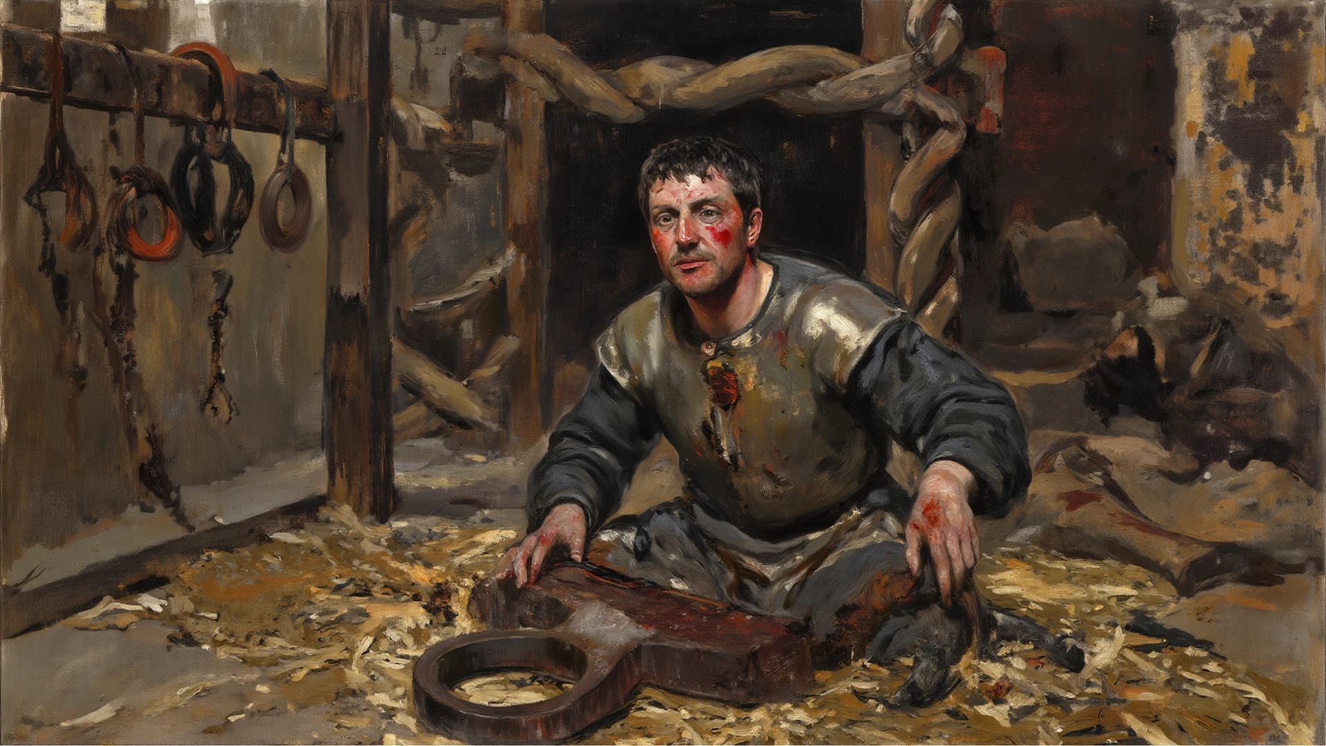 "prompt": "A painting of the man lying exhausted after the removal of the heavy stones, with bruises and signs of distress on his clothed body. He looks weakened but relieved, wearing tattered medieval clothing. The cell remains dark and somber, highlighting the severity of his ordeal.",
"size": "1024x1024"