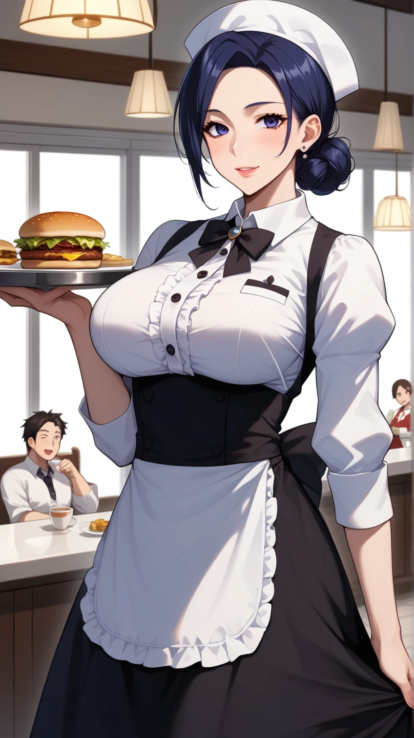 masterpiece, best quality, 1girl, solo, diner, waitress, holding a plate, happy, 1950s, cleavage, thigh, short skirt, sexy