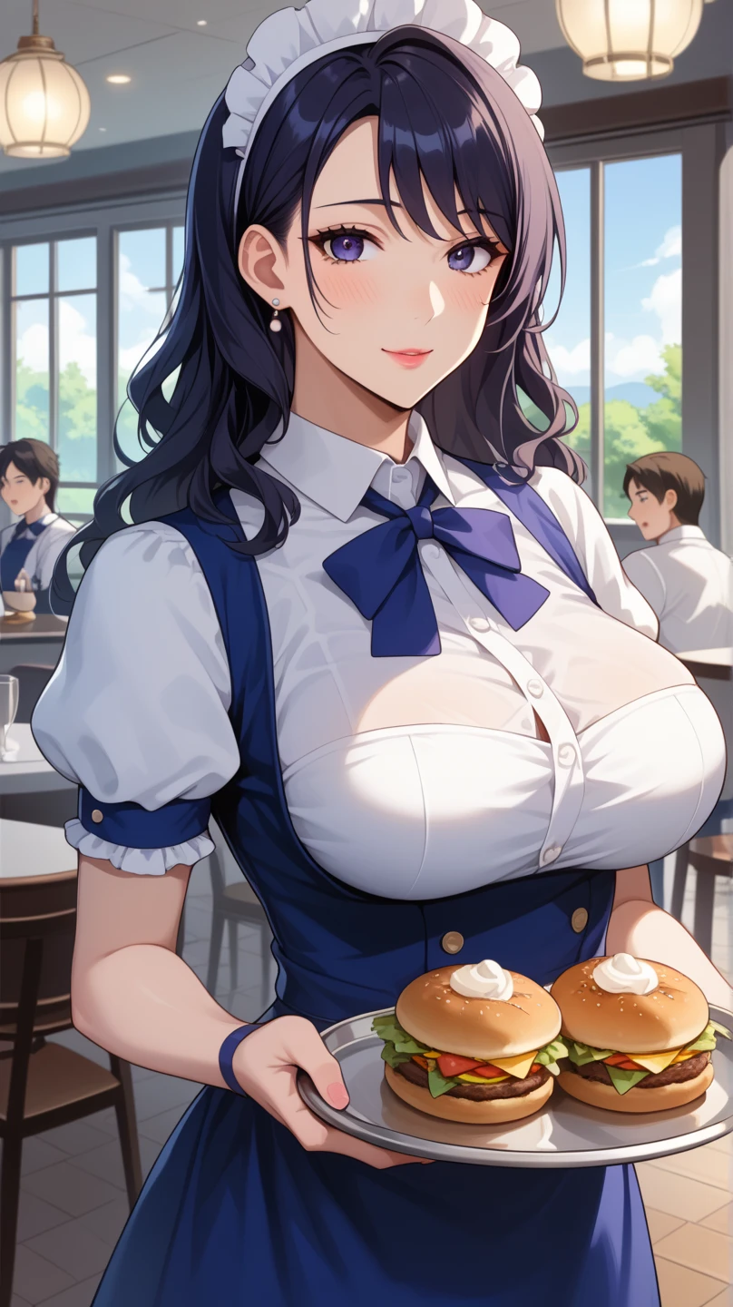 black hair、long bob cut、black eyes、table top、High resolution、many girls multiple girls、large crowd、lots of cute girls、big and full breasts、naughty body、See-through、throw、、whole body、Are standing、Look up at me、confused face、blush、black pantyhose、female shape'Private parts are clearly visible、I can see your nipples、white shirt、navy check skirt、micro mini skirt、very short skirt、Cake shop、Many people々々、in the crowd、bare chest、show your chest、while holding the tray、place the chest on the tray、Upper grade、A lot of milk comes out from the nipples、Breast milk gushes from the nipple、cat ears maid clothes、blue gingham maid outfit、With cup 、Breast milk drips from the nipples、Breasts wet with breast milk、female shape'Private parts are clearly visible、view from a distance、big ribbon on the waist