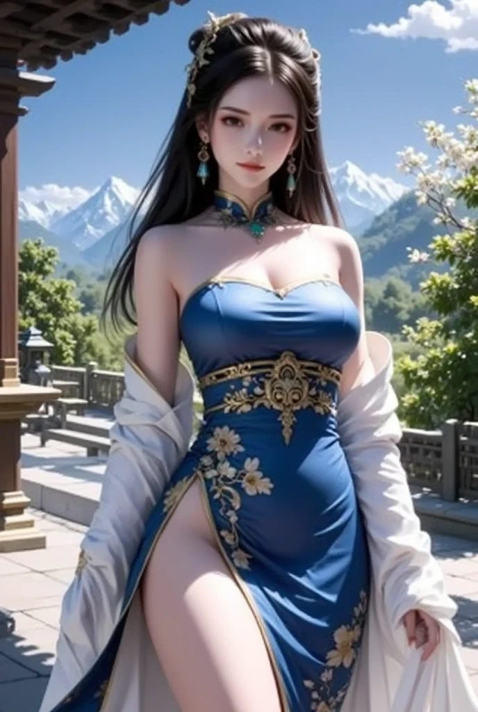 realistic, 1 women, best quality, 12k, HD, long hair, big round breasts, cleavage, ponytail, necklace, jewelry, shorts, short jacket, slim hips, hair tie, yellow eyes, black hair, super detailed, Eye details, hair details, person details, mouth details, face details, breast details, clothes details, hair details, pants details, hand details, whole body