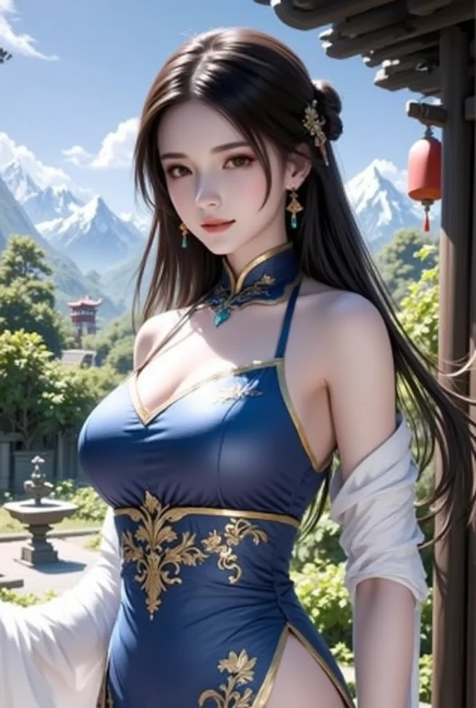 The upper part of the body, tmasterpiece, Need, (Hyper-realistic:1.4), A high resolution, long whitr hair, Jewelry hairpins, breast enhancement, Riverside rocks or temples or bridges, Hanfu, ssee-through