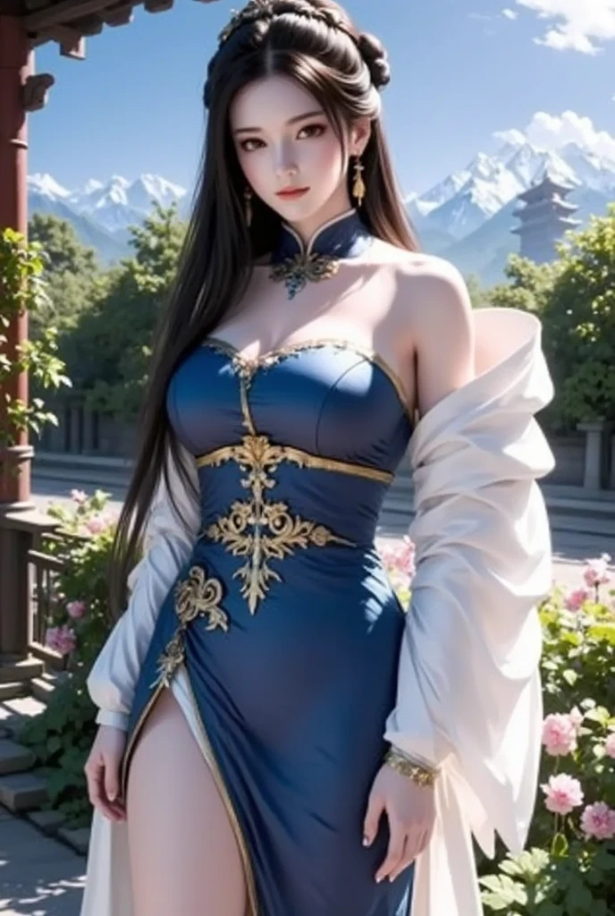 "Illustrate Qiyana in her Lunar Empress skin from League of Legends by Riot Games, no having clothes,wearing a traditional, lunar-themed outfit with flowing robes and her moonlit ring blade, have massive k-cups, in a serene, moonlit garden with cherry blossoms and lanterns."
