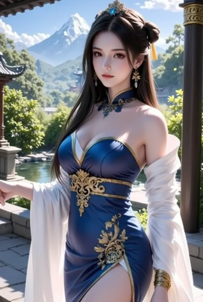 (((Chinese Beauty)))、21 years old、(Very heavy makeup:1.2)、(Slanted Eyes:1.3)、(long narrow eyes:1.3)、Shiny Hair、Glowing Skin、Very white skin、Jet Black Hair、Straight long hairstyle、Big eyes、Double eyelids、Luxury Chinese palace、(Standing in the palace corridor)、(Golden luxurious hair ornament)、(Patterned costume of a Chinese queen)、Luxurious and gorgeous、(huge breast:1.1)、(Exposed Skin:1.4)、(Smile with your mouth closed)、((Royal Blue Costume))