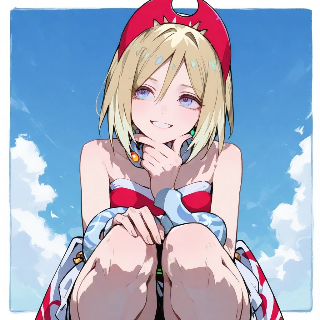 tepaste, short hair, white hair, multicolored hair, red hair, bangs, blue eyes, cropped jacket, pink jacket, red jumpsuit, cleavage,
