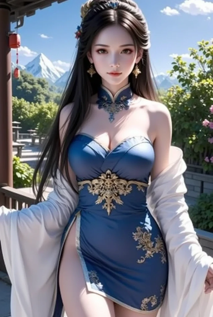 realistic, 1 women, best quality, 12k, HD, long hair, big round breasts, cleavage, ponytail, necklace, jewelry, shorts, short jacket, slim hips, hair tie, yellow eyes, black hair, super detailed, Eye details, hair details, person details, mouth details, face details, breast details, clothes details, hair details, pants details, hand details, whole body