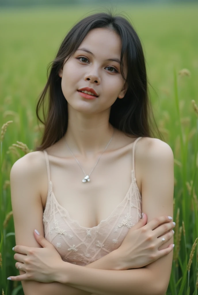 (4K), (Highest quality), (Best details), (Realistic)Under the scorching summer sun、Wheat field at harvest time in southern France、wet with sweat、cumulonimbus、Pussy、share、Completely nakedのかわいく美しいティーンのフランス人の女、Blonde Okabo、Green Eyes、fun、Completely naked