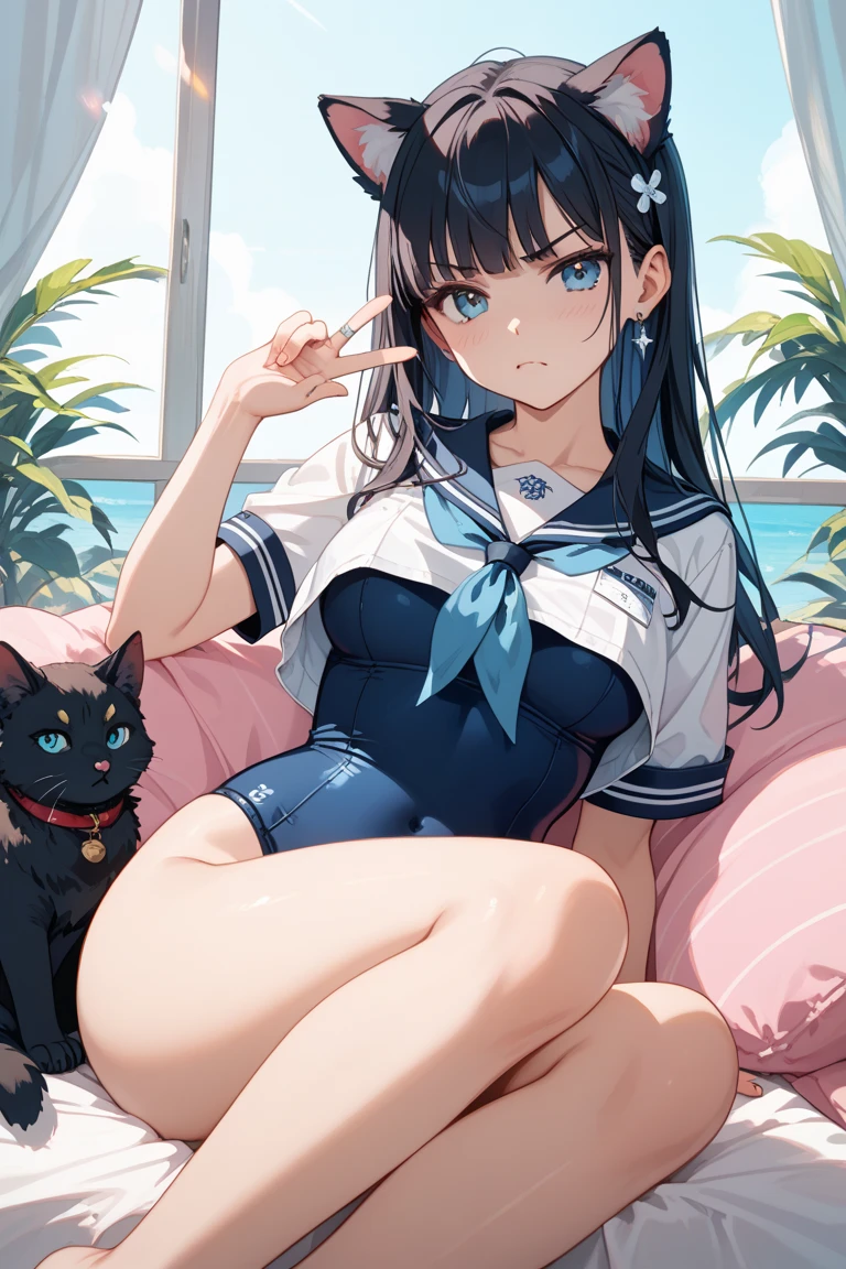 top-quality、Full limbs、complete fingers、Slender beauty、straight haired、long、Sailor School Swimsuit、Small eyes、ssmile、a bed、Dancing